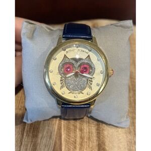 Betsey Johnson Owl Face Watch Blue Leather Strap Gold Tone Quartz As Is